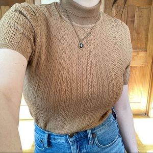 ZARA Short-Sleeve Knit Taupe Turtleneck Sweater with Pearl Embellishments